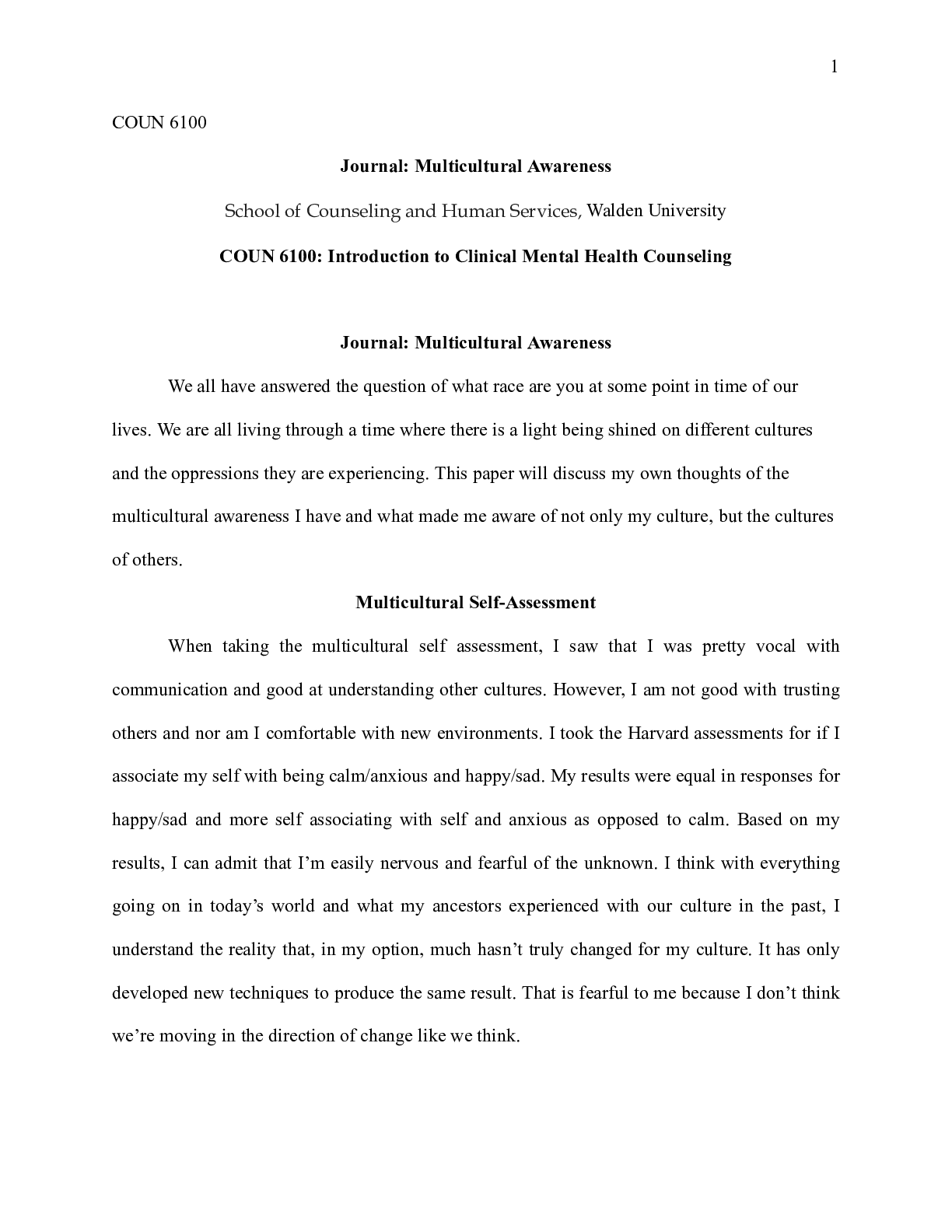 Preview of WK8Assgn Multicultural Awareness.docx  COUN 6100  Journal: Multicultural Awareness  School